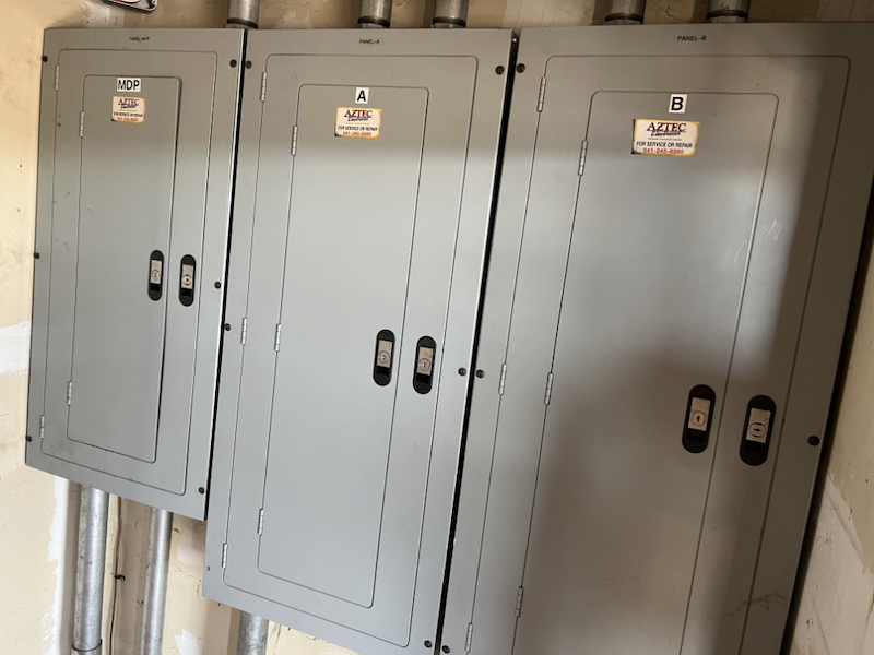 Control boxes at industrial plant.